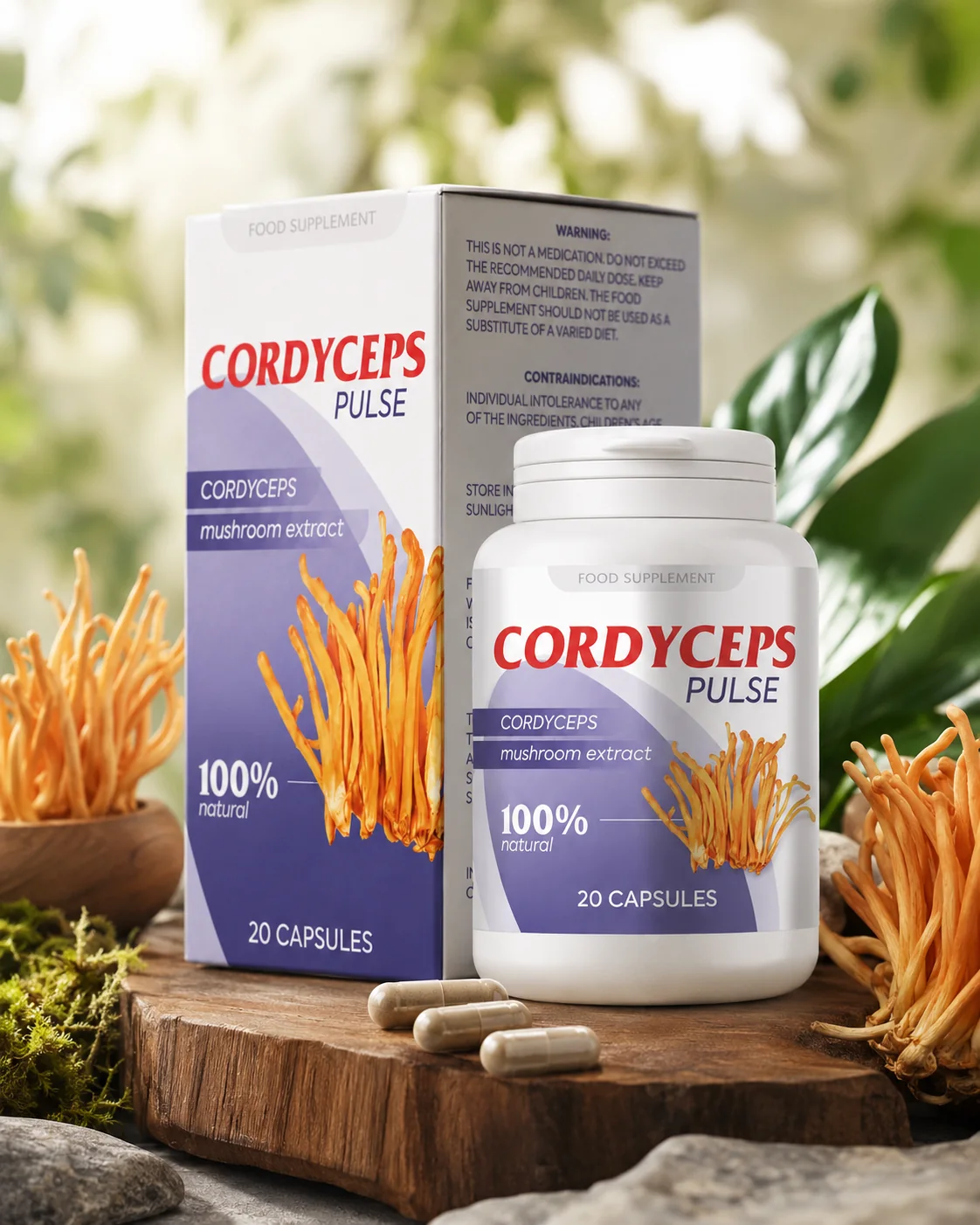 Cordyceps Pulse entouré de Cordyceps chinois — présentation structurée