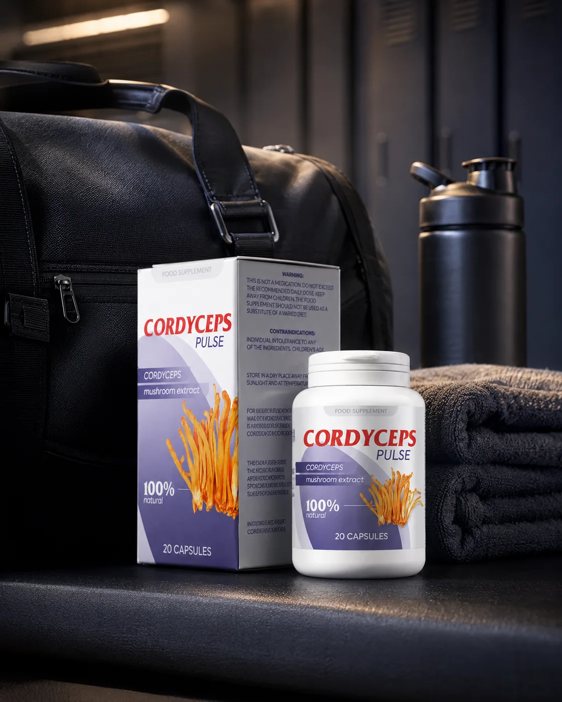 Boîte et flacon de Cordyceps Pulse dans un environnement sportif — présentation structurée